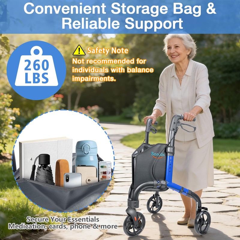 Soaids 3 Wheel Walkers for Seniors, Lightweight Foldable Rolling Rollator