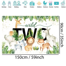 Safari Wild Two Backdrop Cartoon Safari Animal Second Birthday Party Backdrop Jungle Boy or Girl 2nd Birthday Party Decoration Photography Backdrop Birthday Poster, 150 cm x 90 cm