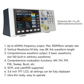 OWON Waveform Generator, 60MHz Bandwidth,300MSa/s Sampling Rate, 14 bits Vertical Resolution, 8K Waveform Length, 5 Basic Waveforms, 160 built-in Arbitrary Waveforms, with 3.6IN LCD Display DGE1060