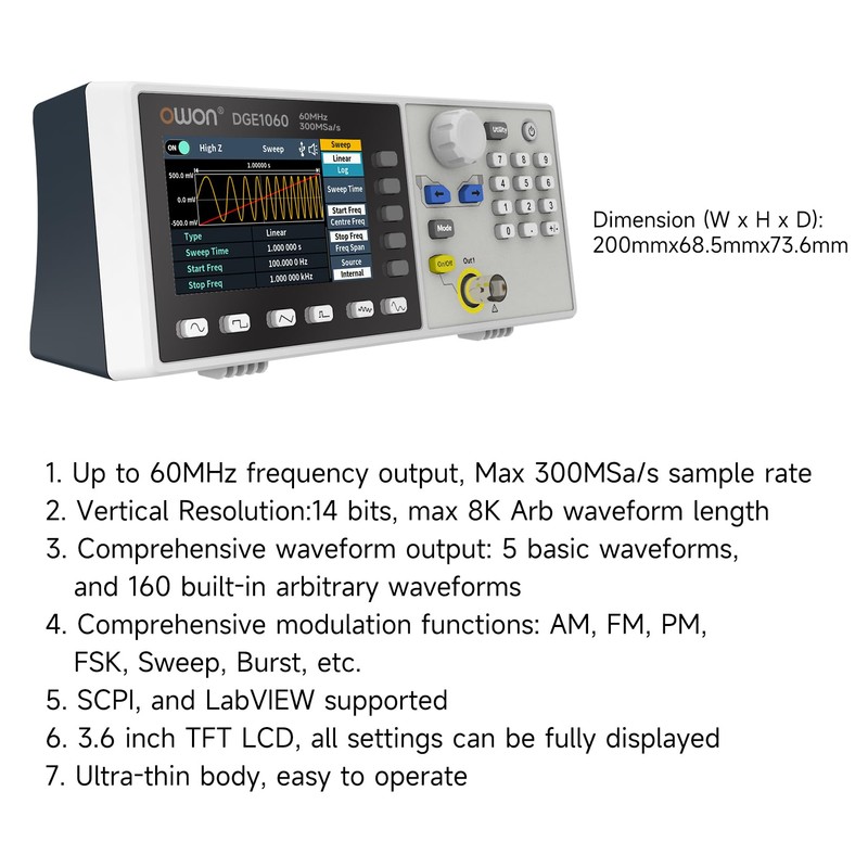 OWON Waveform Generator, 60MHz Bandwidth,300MSa/s Sampling Rate, 14 bits Vertical