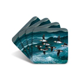 Puffins in Flight II Drinks Coasters by Wildlife Artist Julian Friers - Set of 4 Puffin Coasters - Non-Slip, Cork Table Coasters