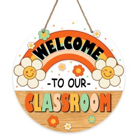 Bolisom Back To School Rainbow Front Door Sign, Welcome to Our Classroom Groovy Daisy Wood Hanger Kindergarten Porch Decor, First Day of School Wooden Wreath Indoor Wall Hanging Decoration