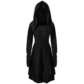 Womens Renaissance Costumes Hooded Robe Lace Up Vintage Pullover High Low Long Hoodie Dress Black