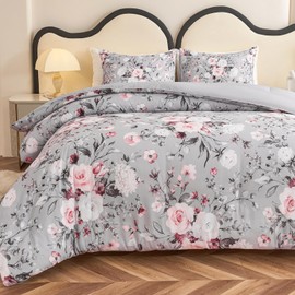 Koniroom 3 Pieces Pink and Grey Comforter Set King Size, Floral Bedding Sets King with Pink Cute Flowers Pattern Printing, Reversible All Season Comforter with 2 Pillow Shams