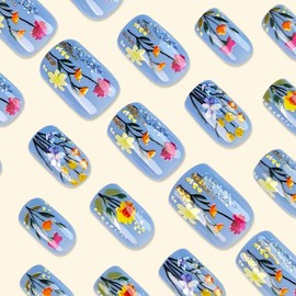Flower Press on Nails Medium Square Fake Nails Blue False Nails with Designs Floral Glossy Full Cover Acrylic Nails Cute Glue on Nails Spring Stick on Nails for Women Nail Art Decoration 24 Pcs