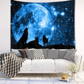 LB Black Wolf Tapestry Full Moon Wall Hanging Tapestry Stars in Blue Sky Wall Tapestries Funny Animal in Mountain Poster for Living Room Bedroom Dorm Wall Decor,59x39 inch