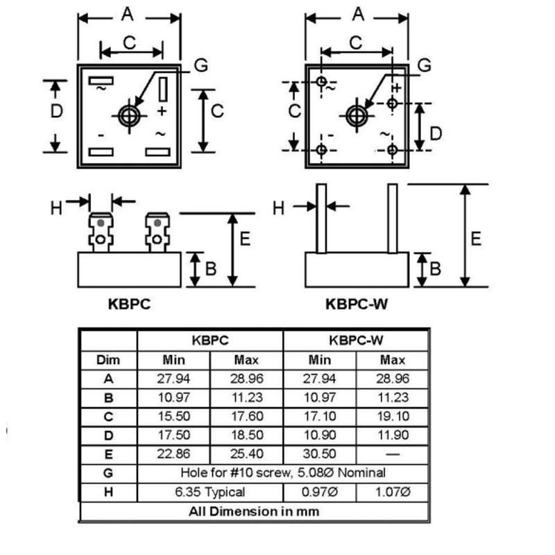 Bridgold 5pcs KBPC1010 Bridge Rectifier Diode, Single Phase,Full Wave 10
