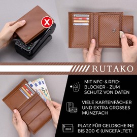 RUTAKO Men's Leather Wallet with RFID Protection - Large Wallet with Coin Compartment - Genuine Leather Wallet for Men - Wallet Wallet, Carbon Cognac, Portrait