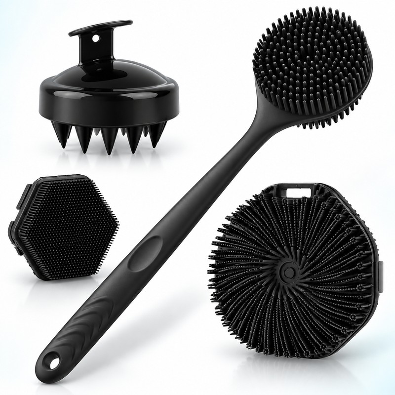 4-Piece Long Handle Bath Brush Set for Body & Face