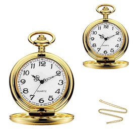 alladaga Set of 2 Classic Pocket Watch with Chain for Men and Women (Gold Gold)