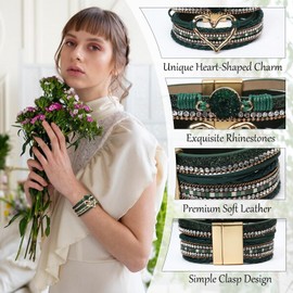 GZJINYUAN Heart Leather Wrap Bracelet for Women, Boho Cuff Bracelet with Strong Clasp, Rhinestone Multilayer Stackable Bracelet, One Size, Faux Leather, no gemstone