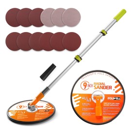 POLIWELL 9 Inch Drywall Pole Sander with 3-Foot Extension Pole - 360° Rotary Sanding Head for Walls & Ceilings, Includes 12 pcs Sanding Discs (100/180/240 Grits)