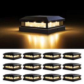 Brightever Solar Post Cap Lights Outdoor 12 Packs, Waterproof Outside Solar Powered Fence Lights for 4x4 5x5 Wooden/Vinyl Post, Black Deck Cap Lighting with 3000K/6000K for Garden, Patio, Porch