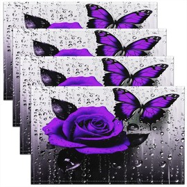 Feelyou Purple Rose Table Place Mats,Romantic Floral Blossom Rose Placemats Set of 4 18"x12",Boys, Girls Butterfly Placemat for Kitchen Dining Table Decor Indoor Outdoor