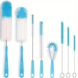 8-Piece Bottle Cleaning Brush Set with Long Handles and Assorted Detail Brushes – Blue