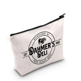 G2TUP Horror Inspired Gift Dahmer's Deli Makeup Bag Horror Fan Cosmetic Bag True Crime Fan Gift Zipper Travel Bag (Dahmer's Deli White Bag)