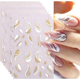 Holographic French Line Nail Art Stickers, 8 Sheets Gold & Silver Matte Laser with French Tips Bow Designs, Self-Adhesive Nail Decals for Women, Elegant DIY Manicure Decoration for Salon-Quality Nails