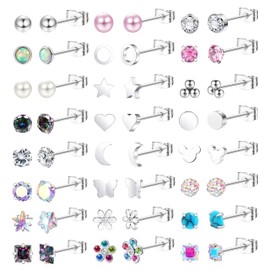 JeweBella 24 Pairs Flat Back Earrings for Women Girls Surgical Steel Earrings Hypoallergenic Silver Earrings Flower Heart Butterfly Turquoise Pearl Zirconia Screw Back Earrings Small Stud Earrings Set
