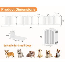 Short Dog Gate Indoor, 16" High Freestanding Small Dog Door Gates with Support Feet, Expands Up to 96’’ Wide Foldable Pet Gate for Doorway, 6 Panel Folding Pet Door Pet Fence for Puppy, White