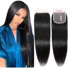 DUAUJUIU 4x4 Lace Closure Real Hair Lace Closure Natural Black Brazilian Human Hair HD Lace Closure Straight Natural Black 16 Inches (40 cm)