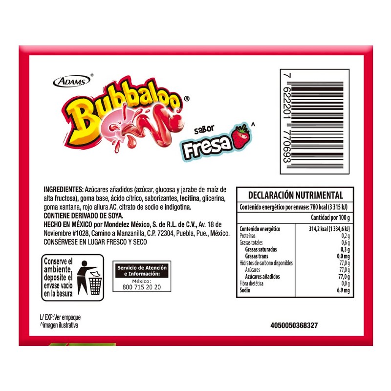 Bubbaloo Adams- goma de mascar 47 pz- sabores varios (Fresa,