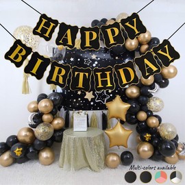Black Gold Happy Birthday Banner, Premium Birthday Bunting Garland Decorations- Assembled | Luxurious Birthday Party Supplies for Women and Men