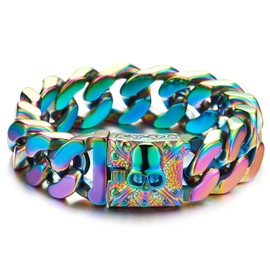 COOLSTEELANDBEYOND Mens Large Rainbow Colorful Steel Curb Chain Bracelet with Fleur De Lis and Skull, Polished