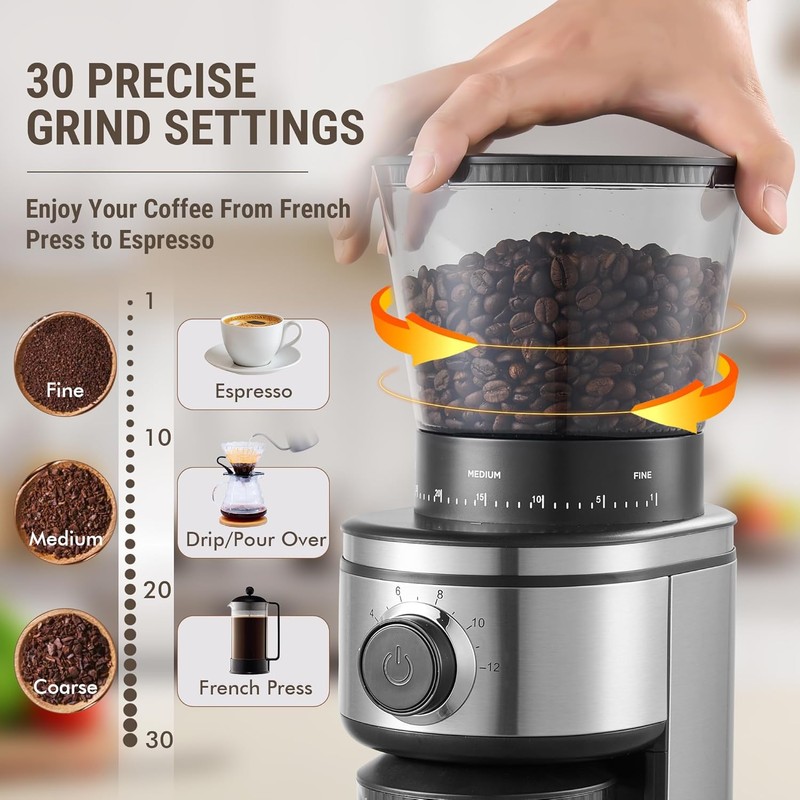 AYCHIRO Coffee Grinder, Electric Conical Burr Grinder with 30 Grind