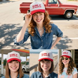 Funny Trucker Hats Embroidered Vintage Snapback Hat for Women Blink If You Want Me Hat Gag Gifts Baseball Cap Red