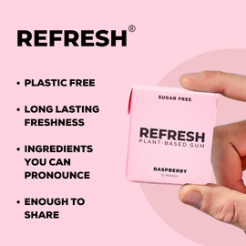 Refresh Plant Based Gum, Sugar Free, Long Lasting Chewing Gum with Stevia, Xylitol, Natural Flavors & Organic Ingredients, Low Calorie, Non GMO, Gluten Free, Vegan, Raspberry Flavor, 12 Pcs, 6 Pack