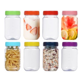 Naivees Plastic Mason Jars 16oz Storage Jars with Colorful Screw On Lid Empty Storage Containers Airtight Leak-Proof Food Jars for Kitchen and Home (8 Pack)