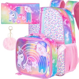 UFNDC 3PCS Unicorn Backpack for Girls, 16”Kids Sequin Bookbag with Lunch Box, School Bag for Elementary Toddler