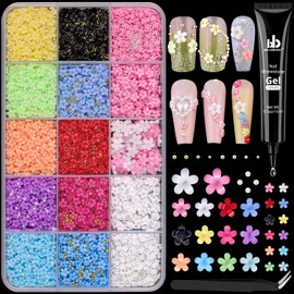 3D Flower Nail Charms with Rhinestone Glue Gel for Nail Art, Cute Colorful Acrylic Flower Nail Charms with Caviar Beads and Flatback Pearls, Spring Blossom Petal for Manicure Nail Decor DIY