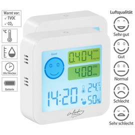 infactory Luftmesser: 2er-Set TVOC- & CO2-Messgeräte mit Uhr, Temperatur, Luftfeuchtigkeit (Luft-Qualität-Messgerät Co2, Co2 Detektoren, Digitale Wanduhr)