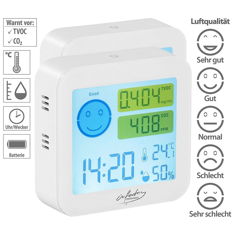 infactory Luftmesser: 2er-Set TVOC- & CO2-Messgeräte mit Uhr, Temperatur, Luftfeuchtigkeit