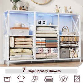 Decofy Bedroom Dresser with Sockets LED Lights,7 Drawers TV Stand White for 65 Inch TV,Dresser with Open Shelf,𝐏𝐔 𝐋𝐞𝐚𝐭𝐡𝐞𝐫,for Bedroom,Closet (White)