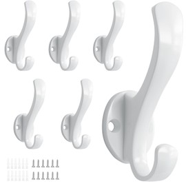 Ruiziiz Heavy Duty Wall Hooks, Black, Metal Mounting Hardware, 6-Pack, Double Prong Design, Decorative Coat Hangers with Screws, Anchors (6, White)