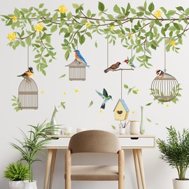 SMAOSTORE Wall Sticker, Flower Vine, Birdcage, Green Leaves, Stickers, Stylish, Yellow Flowers, Branches, Birds, Bedrooms, Top Corners, Skirts, Backgrounds, Waterproof, Removable, Wallpaper, DIY
