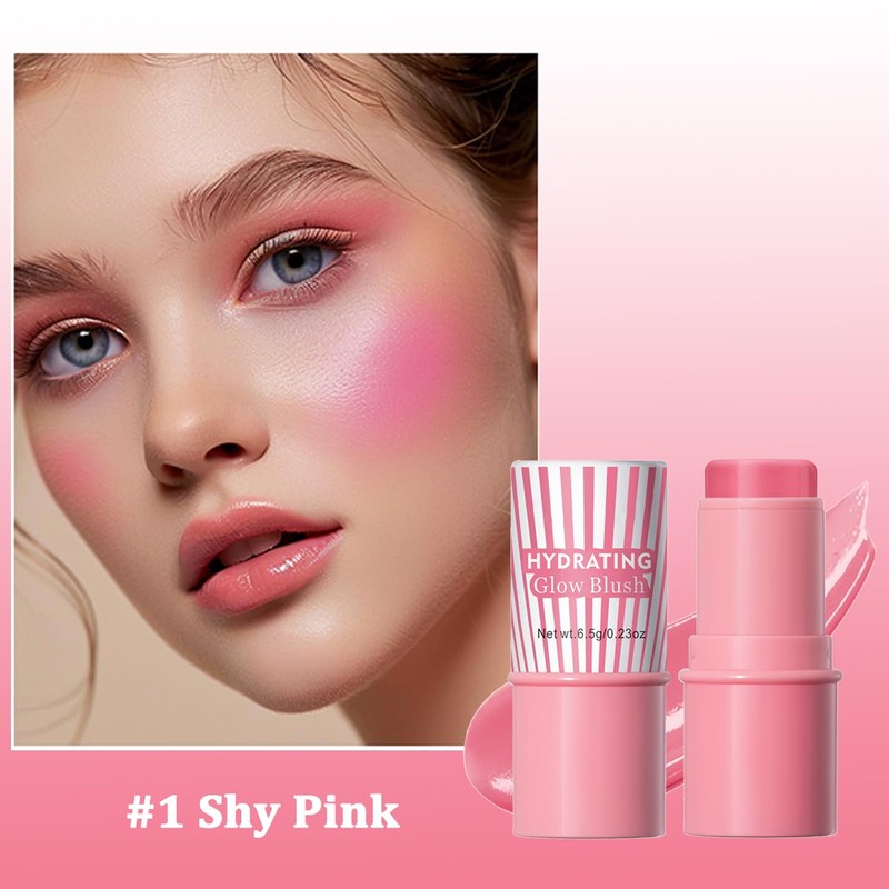 Cream Blush Stick, Natural Glow Finish Looking, Hydrating Lightweight Shiny