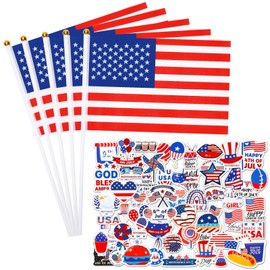 AUGSUN 40 Small American Flags on Stick and 50 Patriotic Stickers, 5x8 Inch Mini Handheld USA Flags, Small Plastic Stick American Flags for Memorial Day 4th of July Independence Day Decorations