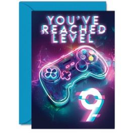Giftzie 9th Gamer Birthday Cards for Boys Girls - You've Reached Level 9 - Happy 9 Birthday Card for Son Daughter Nephew Niece Grandson, A5 Nine Ninth Bday Video Game Greeting Cards