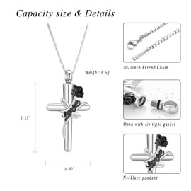 XSMZB Cross Cremation Jewelry for Ashes Human Pet Rose Flower Cross Urn Necklace for Women Funeral Keepsake Pendant Hold Ashes(Silver-Black)