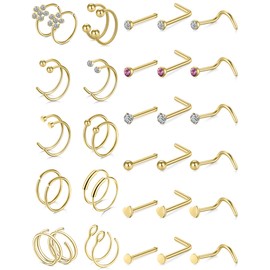 20G Nose Rings 316L Stainless Steel Hoop L Shape Nose Studs Nose Screw Bone Silver Pack for Women Men 38Pcs
