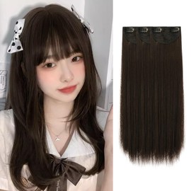 Sofeiyan Long Straight Collar Wig, Clip-on Type, Set of 3, One Touch Extension, Free Combination, Partial Wigs, Daily Use, Heat Resistant (17.7 inches (45 cm), Brown Black)