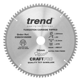 Trend Wood chop saw blade, 260 mm diameter, 30 mm bore, 80 teeth, HW, 2.3 mm cutting width, -5° hook, CSB/CC26080