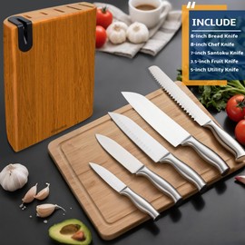 Fimaten Knife Set - 6pcs Kitchen knife set with block and sharpener, Premium Stainless Steel Knife Set Prevent Rusting with Uniquely Designed Wood knife Block, Ultra Sharp Knives with Ergonomic Handle