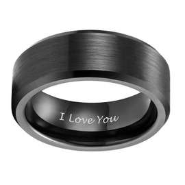 8mm Wedding Band for Men Black Tungsten Rings Engraved I Love You Brush Beveled Edge Comfort Fit Size 9
