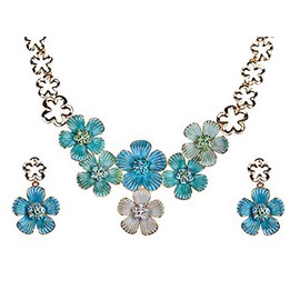 Alilang Golden Tone Enamel Clover Flower Crystal Rhinestone Earring Necklace Set