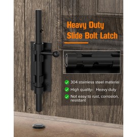 7.7" Barrel Bolt Latch, Heavy Duty Slide Bolt Gate Latch, SUS304 Stainless Steel Thickened Metal Gate Locks for Outdoor Fence, Shed, Wooden Gate, Barn, Patio, Courtyard (Black - 1pc)