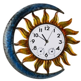 Sun and Moon Outdoor Clock with Thermometer and Hygrometer Combo, Silent Non-Ticking Outdoor Clock Waterproof, Decorative Outdoor Wall Clocks for Patio Garden Indoor Home Decor Gift, 13 Inch